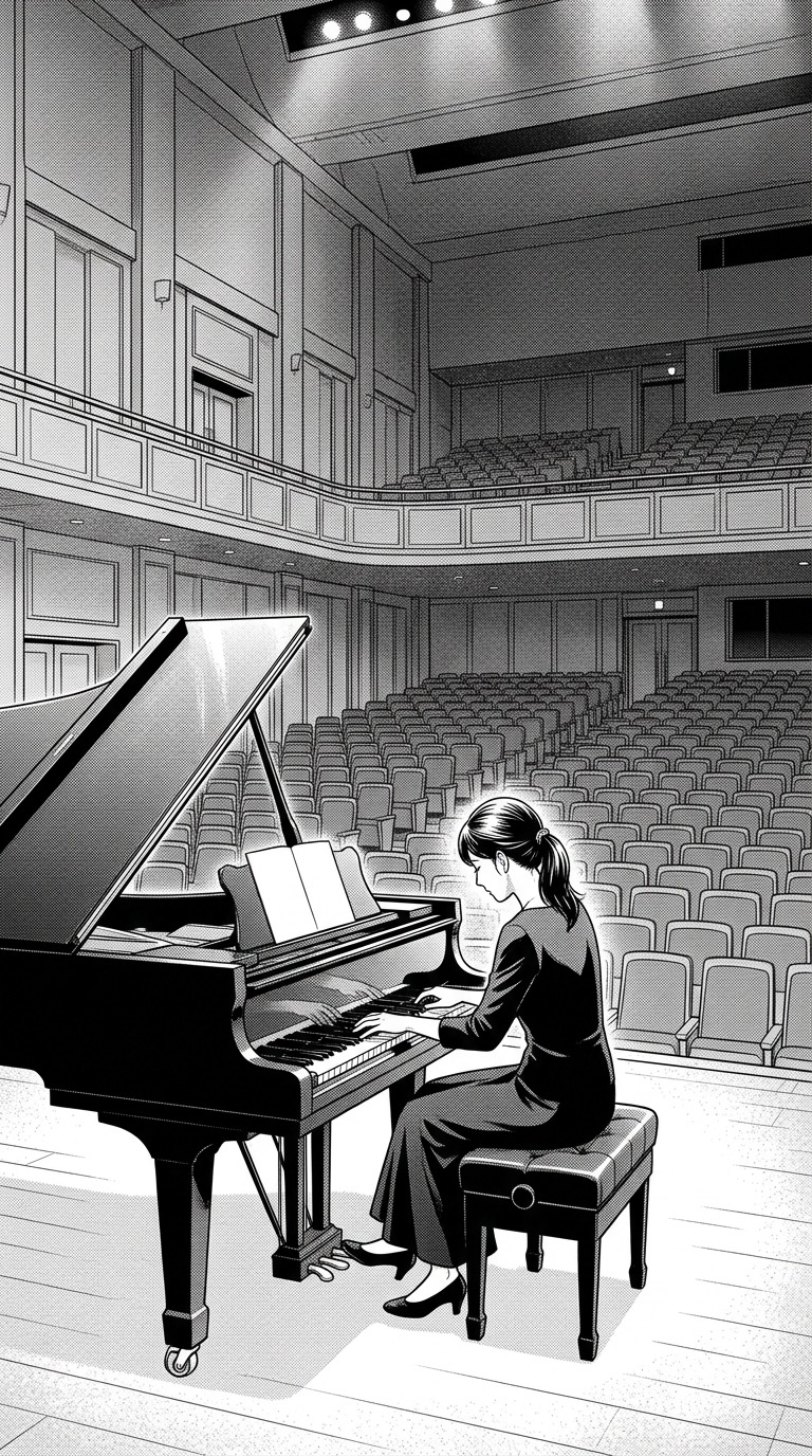 An adult pianist inside a deserted concert hall.