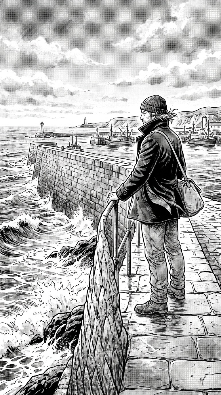 An adult sailor on a wind-swept harbor wall.