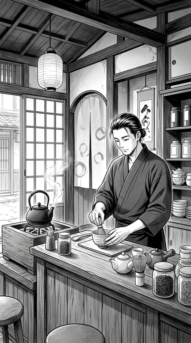 An adult tea maker inside a traditional shop.