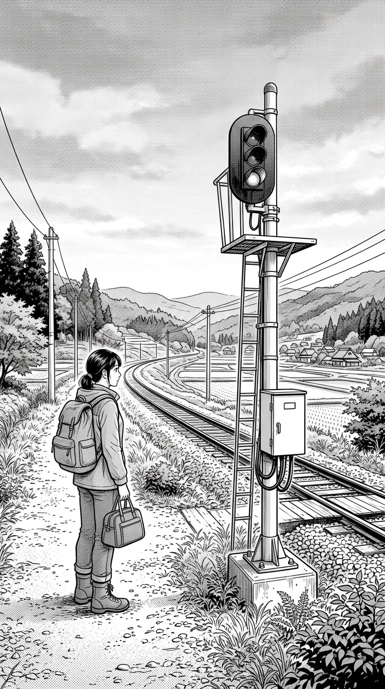 An adult traveler beside a rural railway signal.