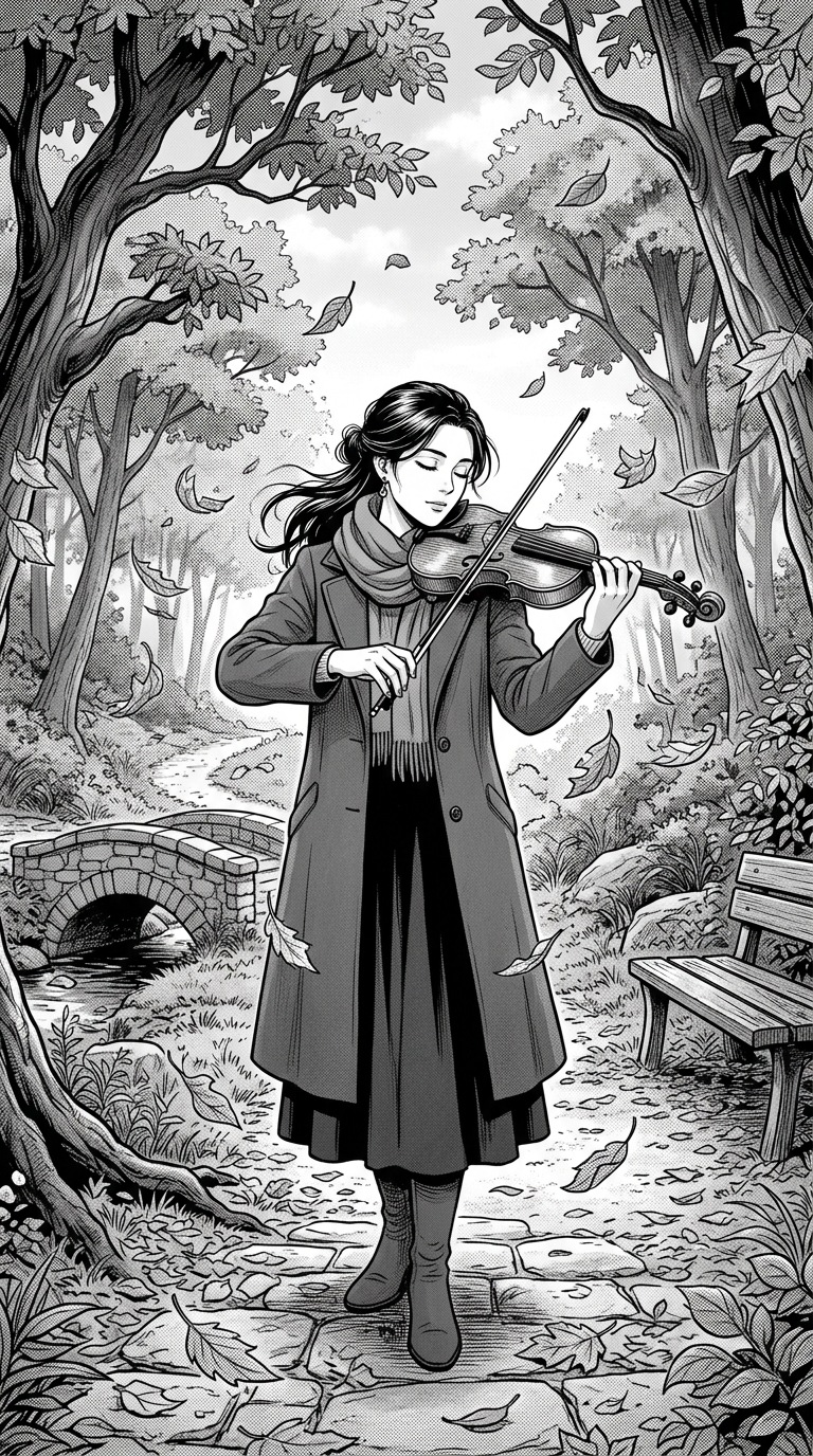 An adult violinist under falling leaves.