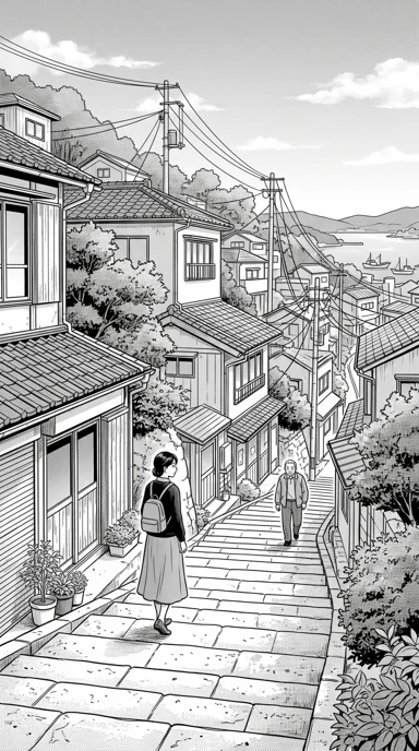A quiet hillside town with winding stairs.
