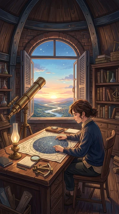 An adult astronomer studying a star map without lettering.