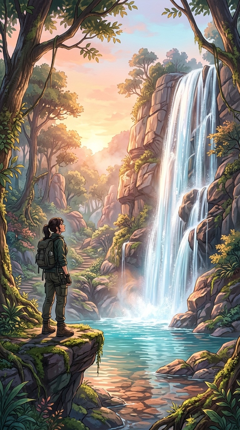 An adult explorer beside a crystal waterfall.