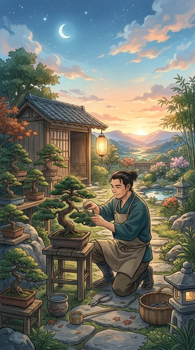 An adult gardener tending a moonlit bonsai grove.