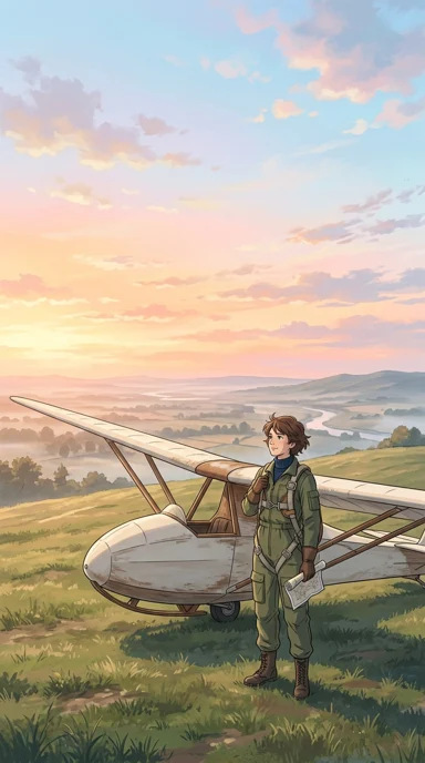 An adult pilot beside a vintage glider.