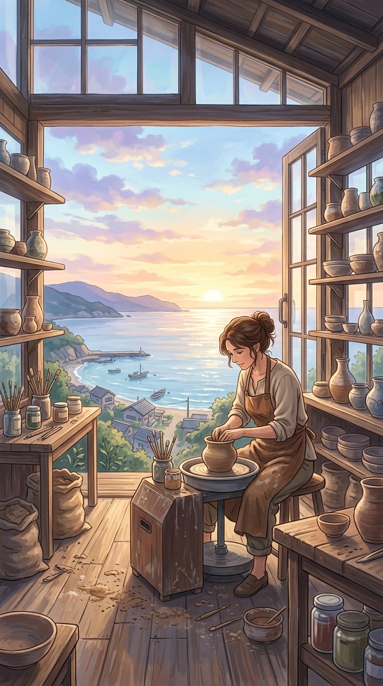 An adult potter in a sunlit coastal studio.