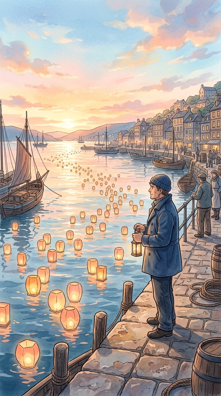 An adult sailor watching lanterns on the harbor.