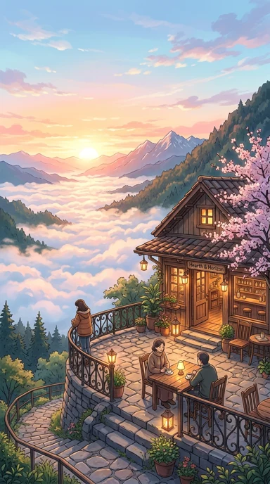 A cozy hillside cafe overlooking a cloud valley.