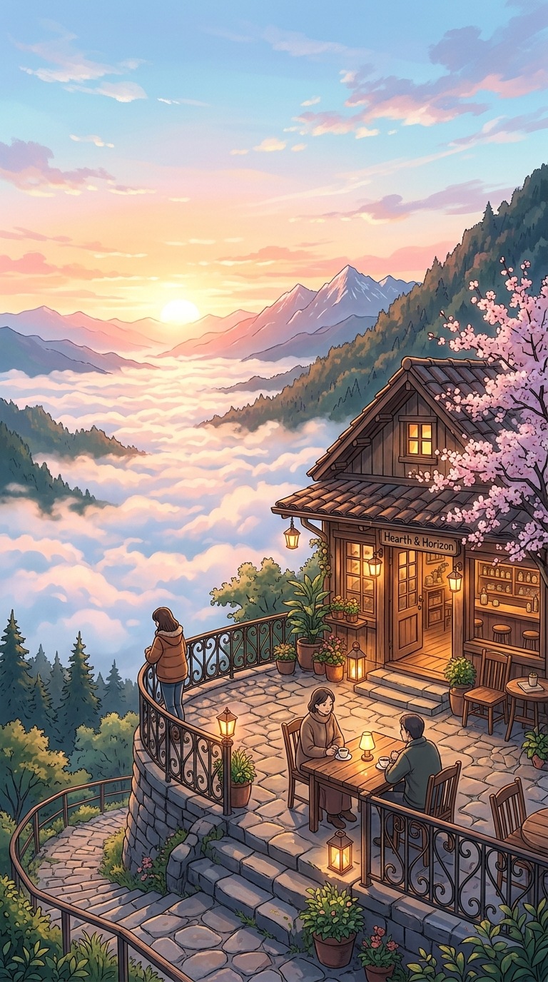 A cozy hillside cafe overlooking a cloud valley.