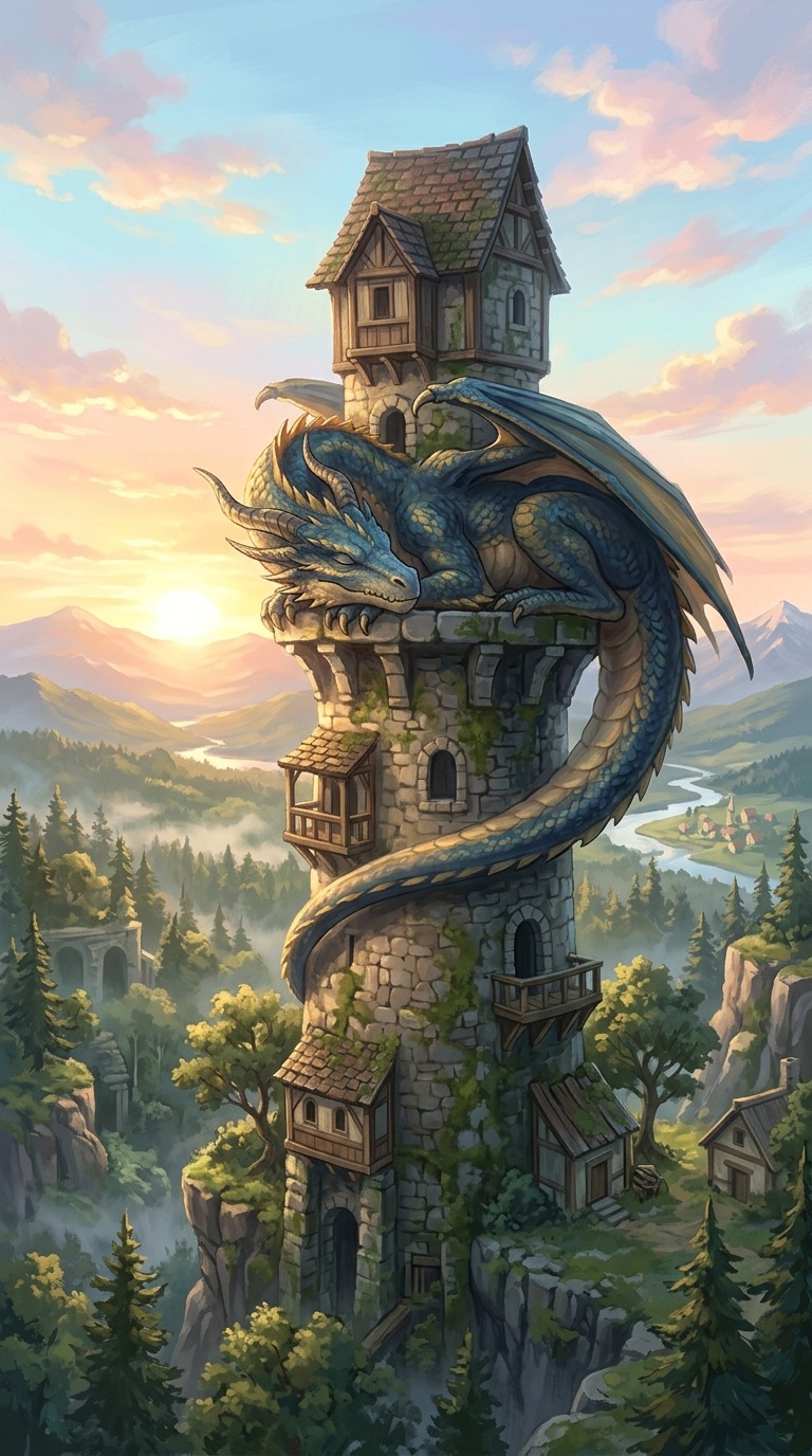 A gentle dragon sleeping around an ancient tower.