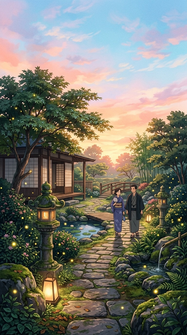 A peaceful garden with stone lanterns and fireflies.