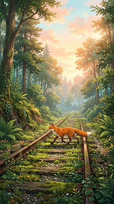 A red fox crossing a moss-covered railway.