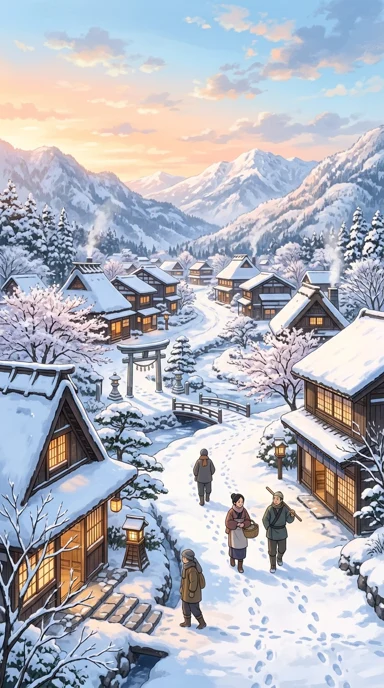 A snowy village with warm window light.