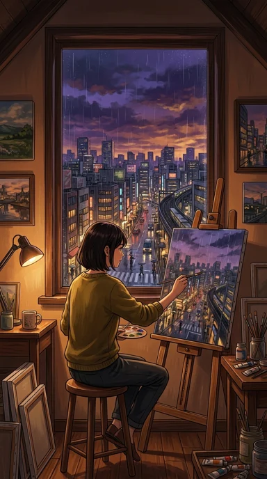 An adult artist painting a rainy city view.
