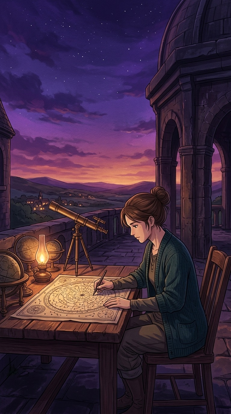 An adult astronomer studying a star map without lettering.