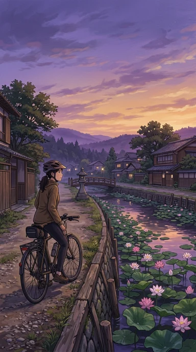 An adult cyclist pausing beside a lotus canal.