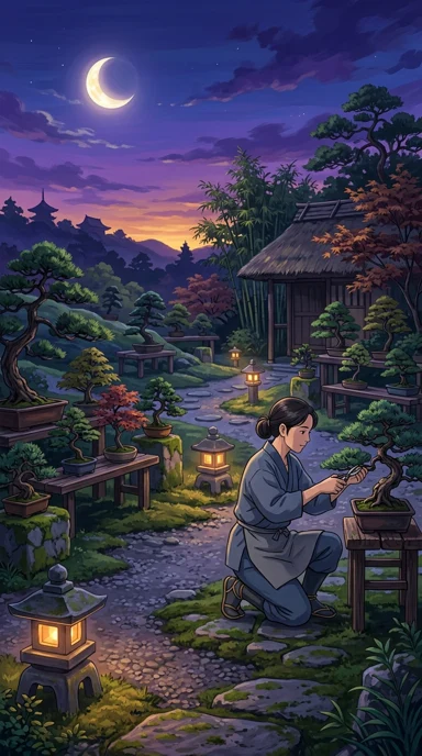 An adult gardener tending a moonlit bonsai grove.