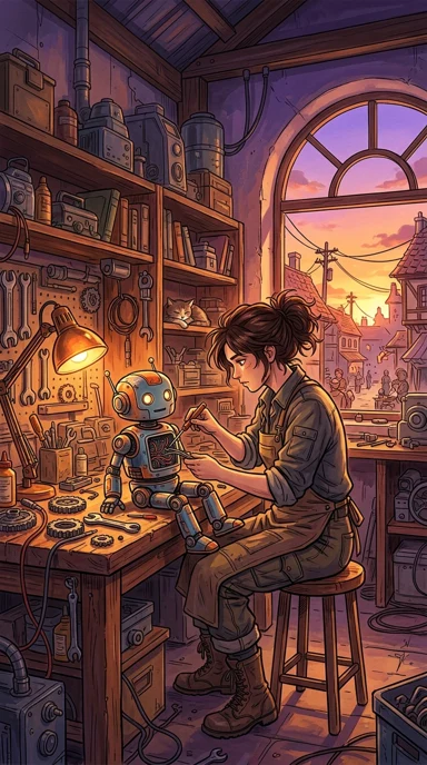 An adult mechanic repairing a tiny friendly robot.