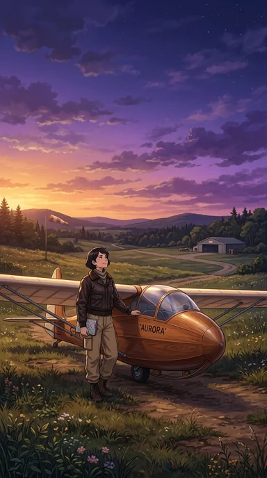An adult pilot beside a vintage glider.