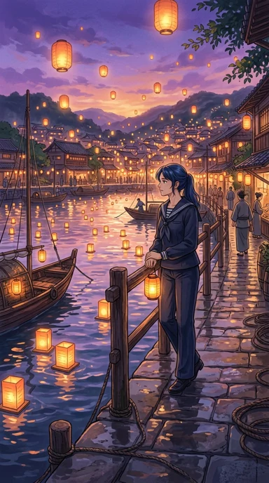 An adult sailor watching lanterns on the harbor.