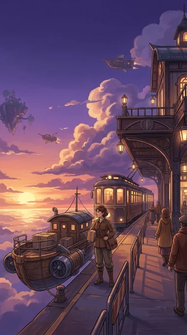 An adult sky courier beside a floating tram station.