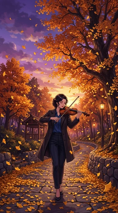 An adult violinist beneath falling ginkgo leaves.