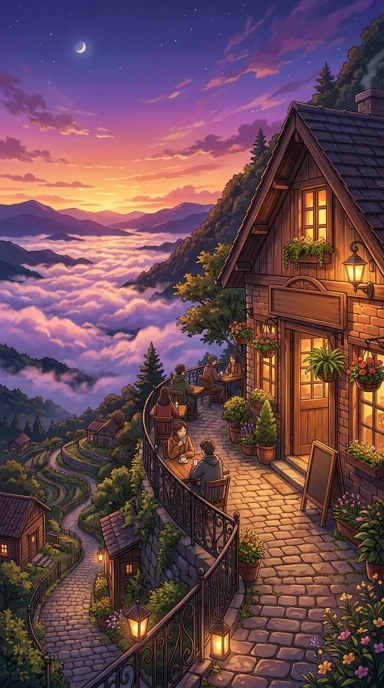 A cozy hillside cafe overlooking a cloud valley.