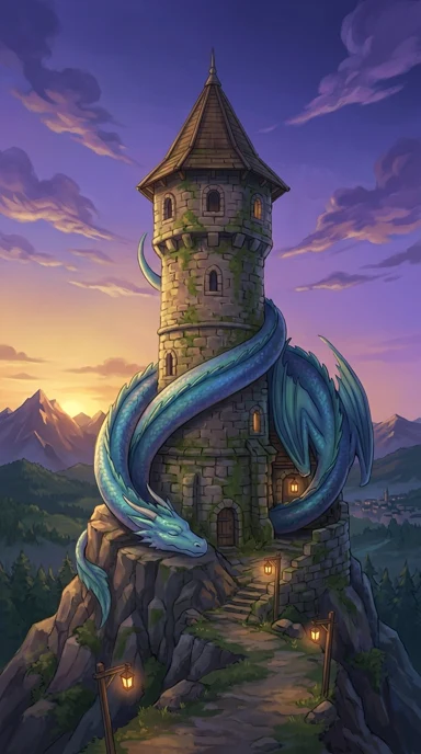 A gentle dragon sleeping around an ancient tower.