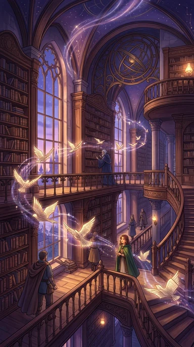 A magical library with floating paper birds.