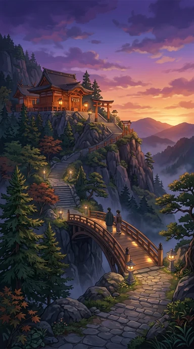 A mountain shrine reached by a ribbon bridge.