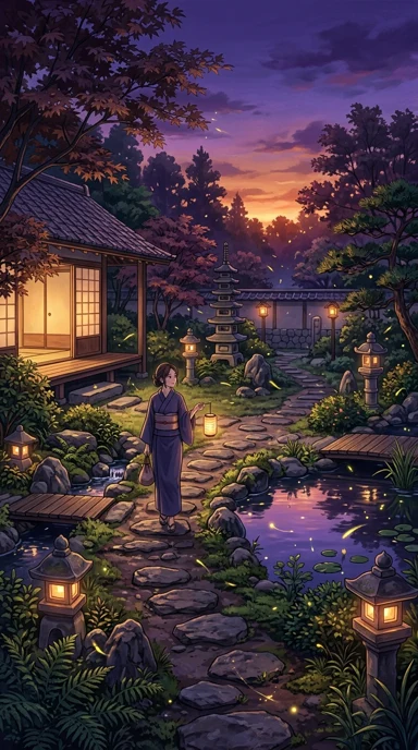 A peaceful garden with stone lanterns and fireflies.