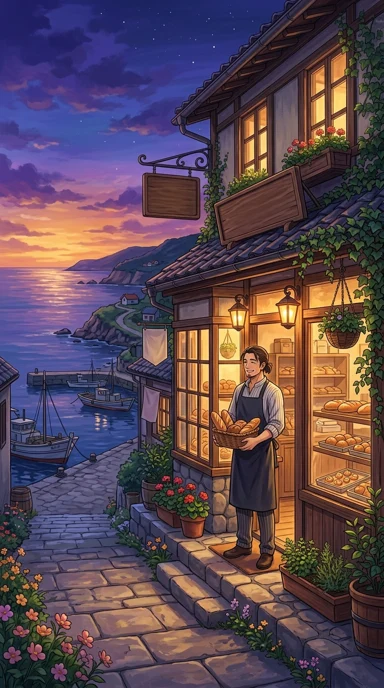 A peaceful seaside bakery with an original adult baker.