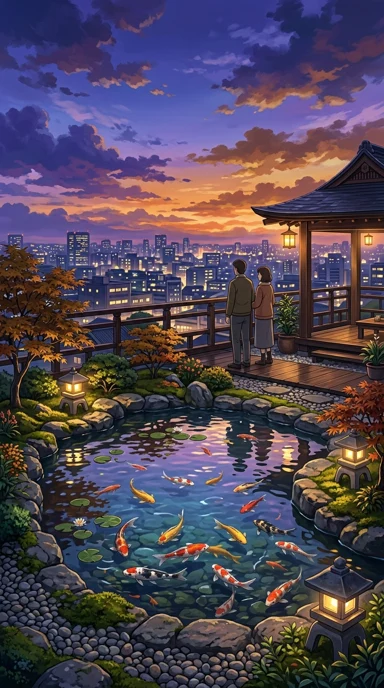 A rooftop koi pond under evening clouds.