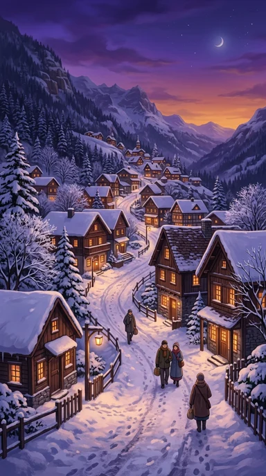 A snowy village with warm window light.
