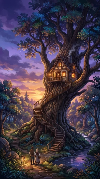 A tiny cottage built into an enormous tree.