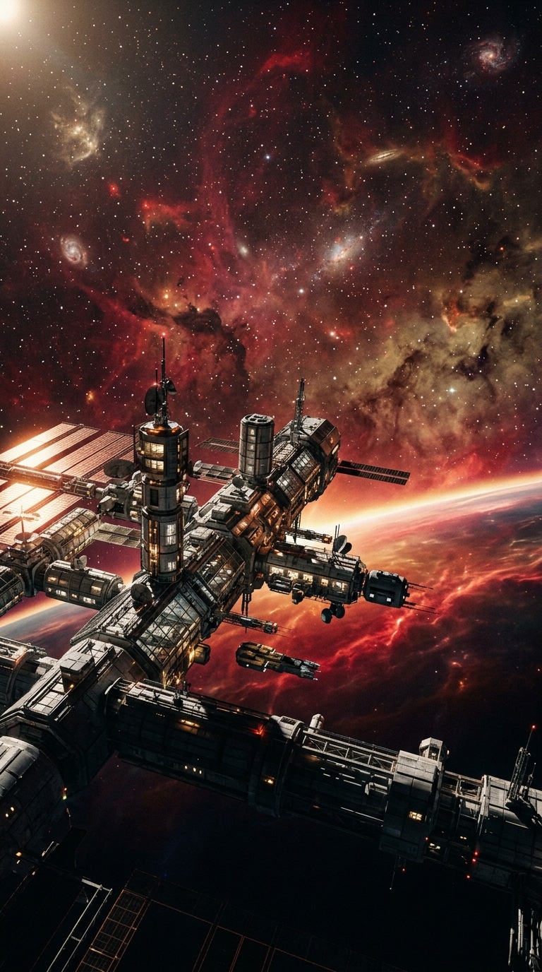 A distant cosmic horizon beyond a floating outpost.