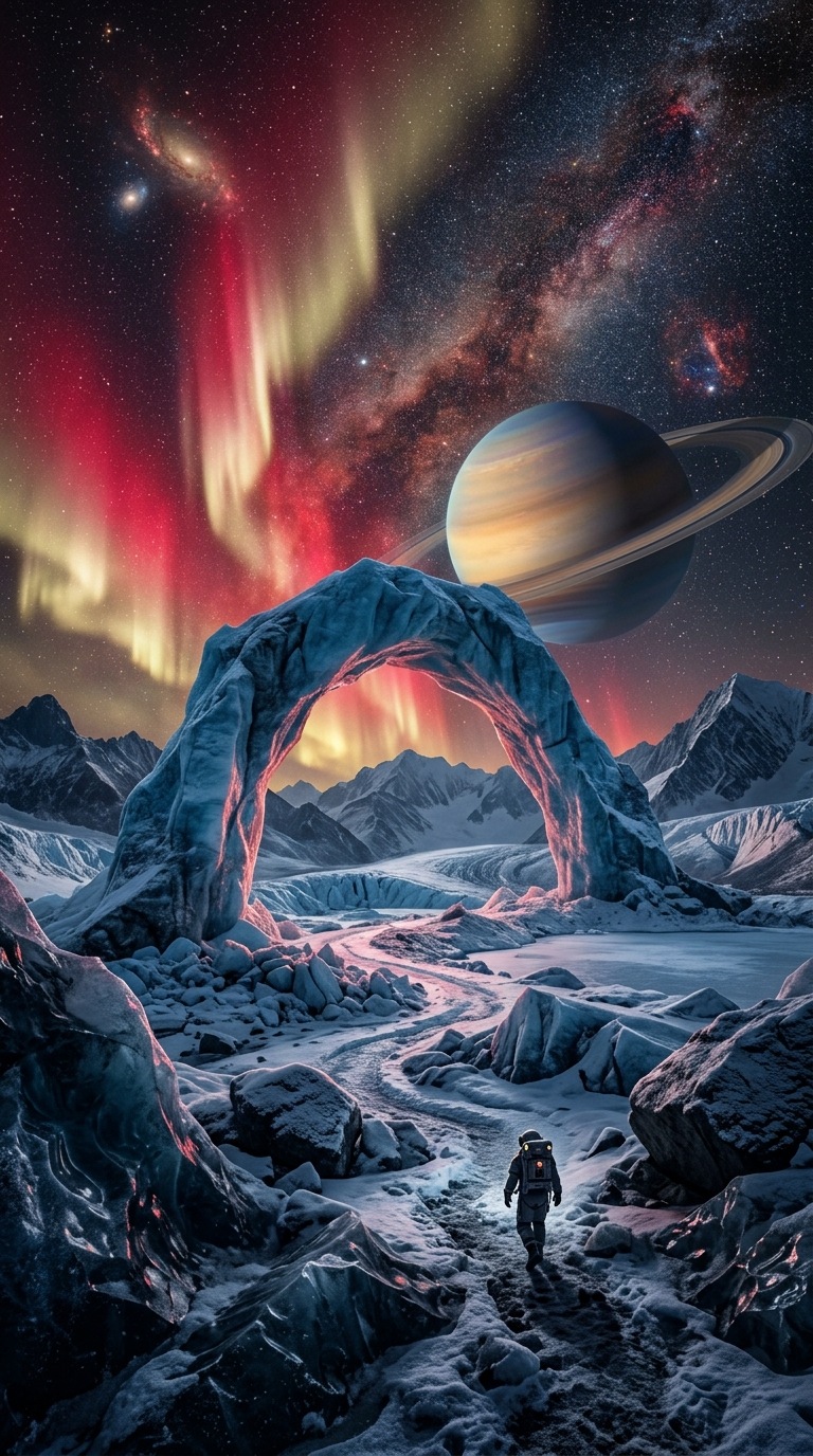 A glacial arch beneath an aurora on an alien moon.