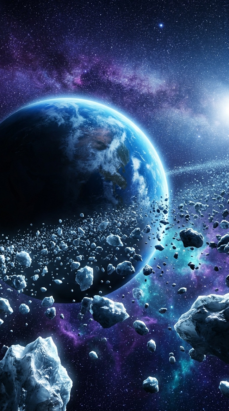 A blue planet behind a field of icy fragments.