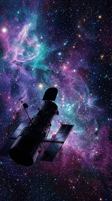 A deep-space telescope silhouetted against stars.