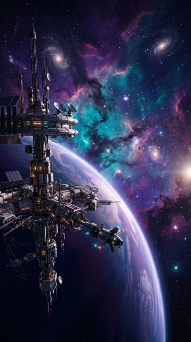 A distant cosmic horizon beyond a floating outpost.