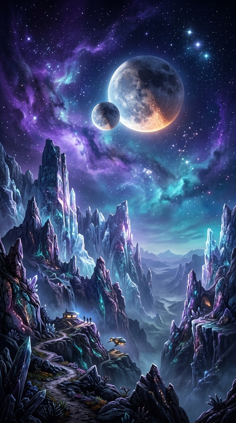 A double moon above crystalline cliffs.
