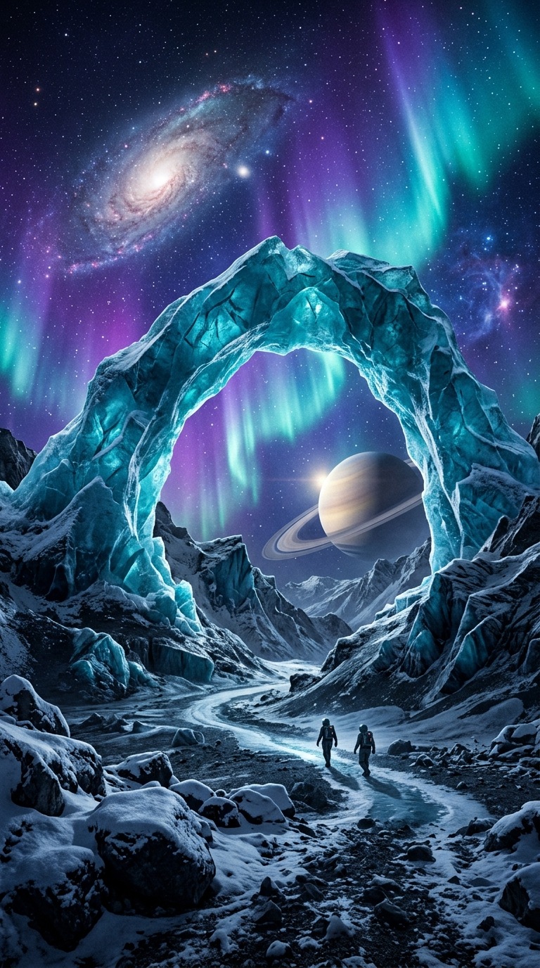 A glacial arch beneath an aurora on an alien moon.