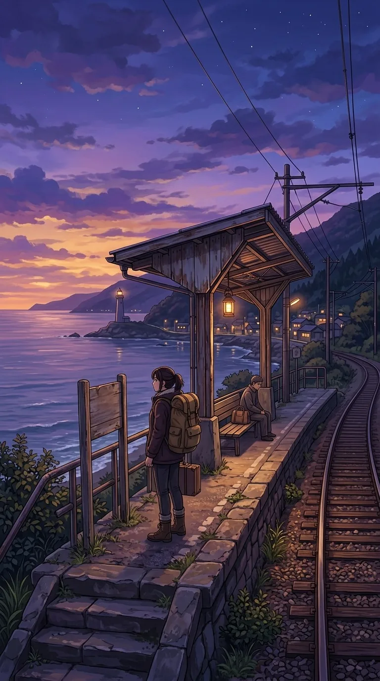 An adult traveler at an old seaside station.