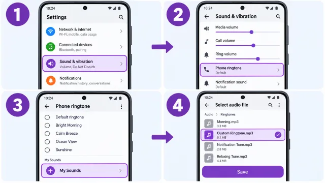 Four steps to set an MP3 ringtone on Android through Sound and vibration, Phone ringtone, My Sounds and the file picker