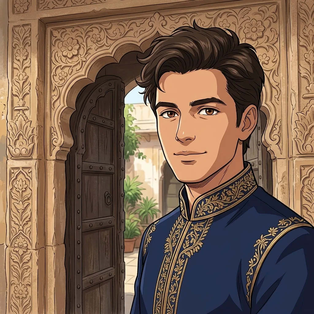 An adult man with deep blue sherwani beside carved stone doorway