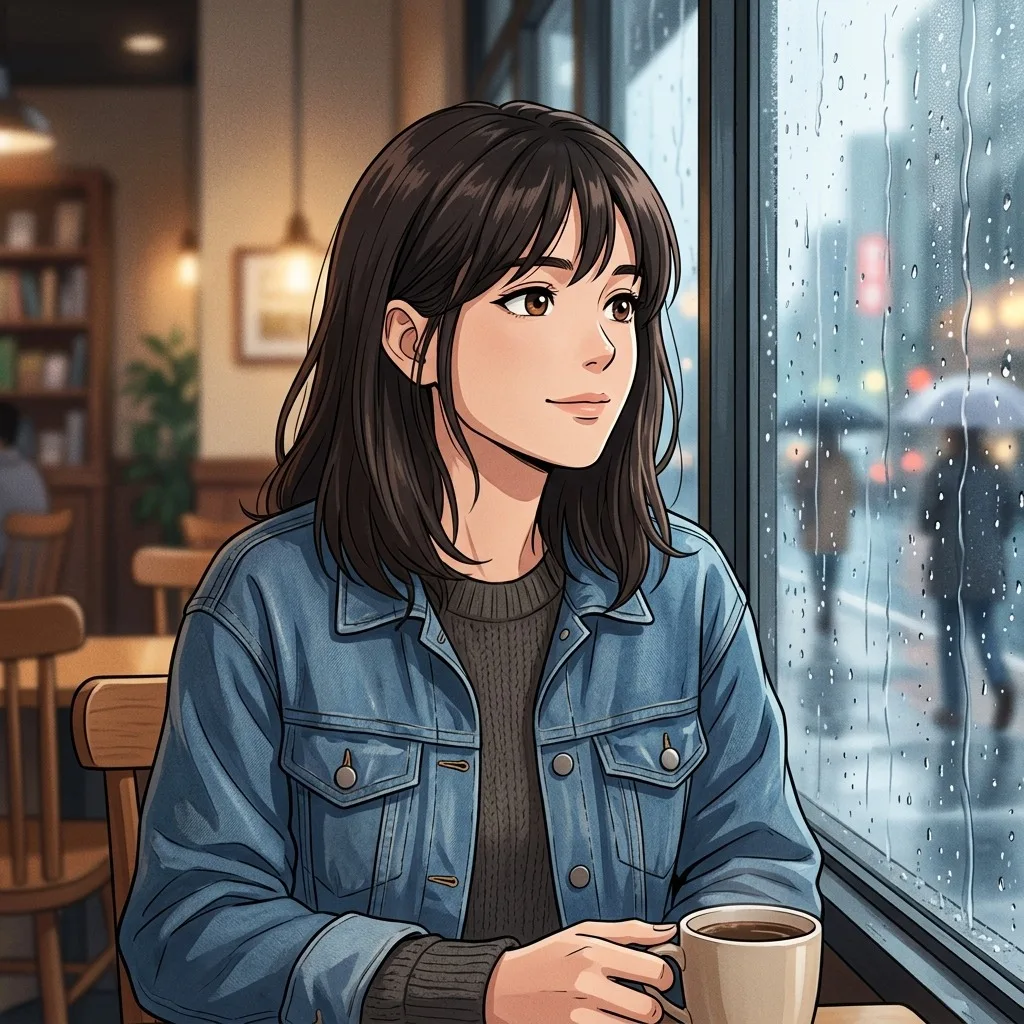 An adult woman with denim jacket beside rainy cafe window