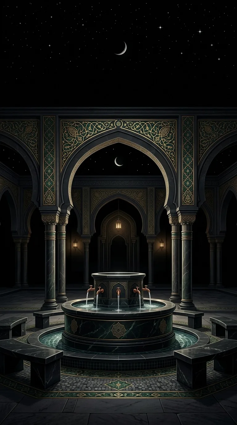A peaceful ablution fountain surrounded by arches.