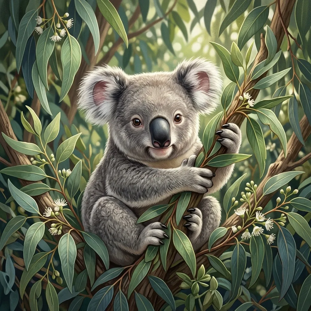 Koala resting in eucalyptus leaves