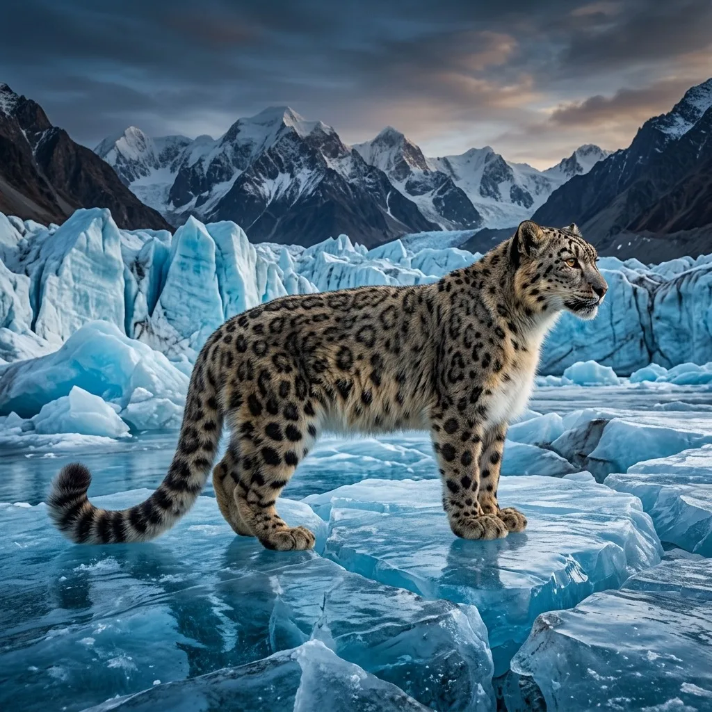 Snow leopard on blue ice